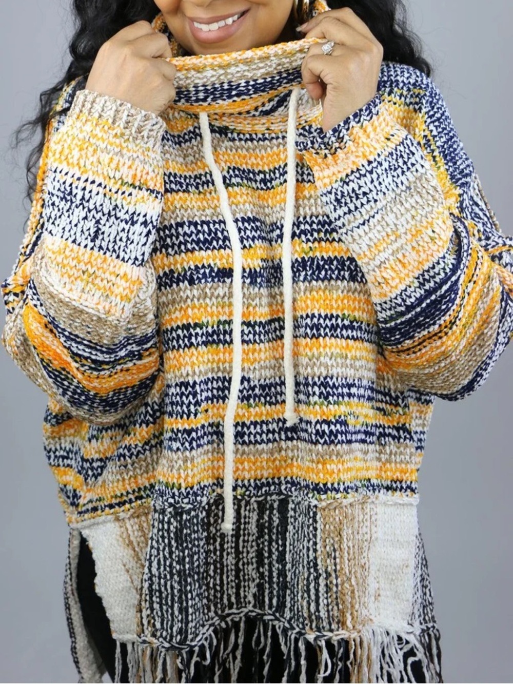 POL Striped Cowl Neck Sweater in Yellow, Navy & Cream size small